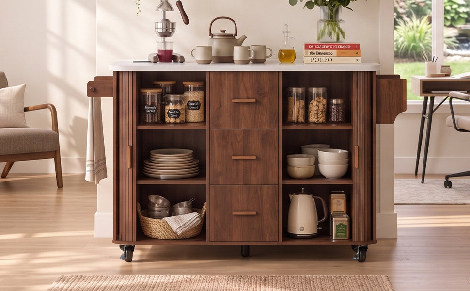 K&K 53.5" Kitchen Island with Sliding Doors, Drop Leaf, Power Outlet, Walnut Brown