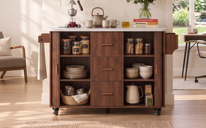 K&K 53.5" Kitchen Island with Sliding Doors, Drop Leaf, Power Outlet, Walnut Brown