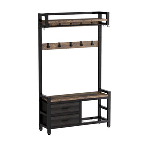 Hall Tree With 2 Movable Drawers, Shoe Storage, Shelves, Garment Racks, And 23 Hooks For Entryway - Rustic Brown