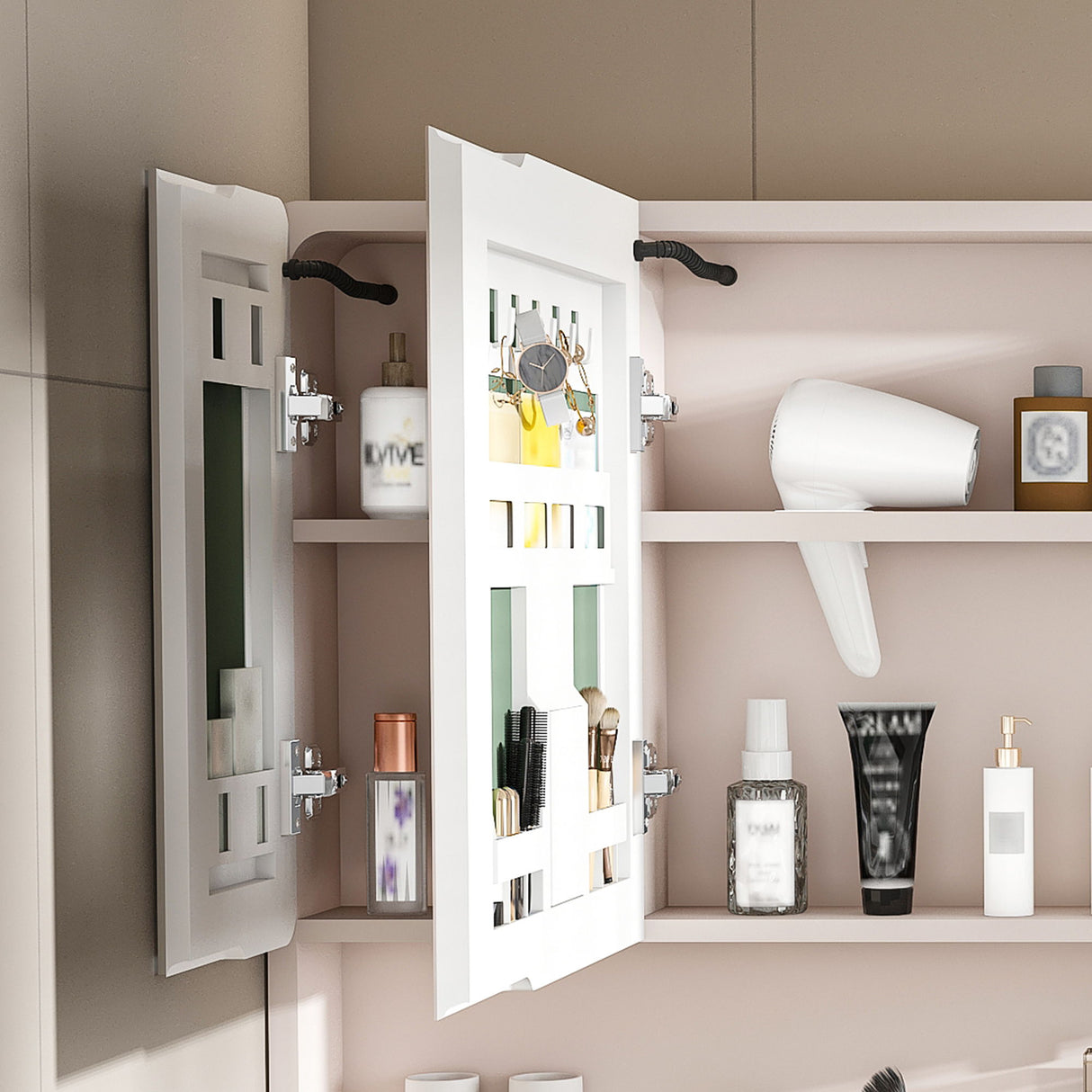 Aluminium Medicine Cabinet Mirror, With 3 Colors LED Light And Defogging Function - Khaki