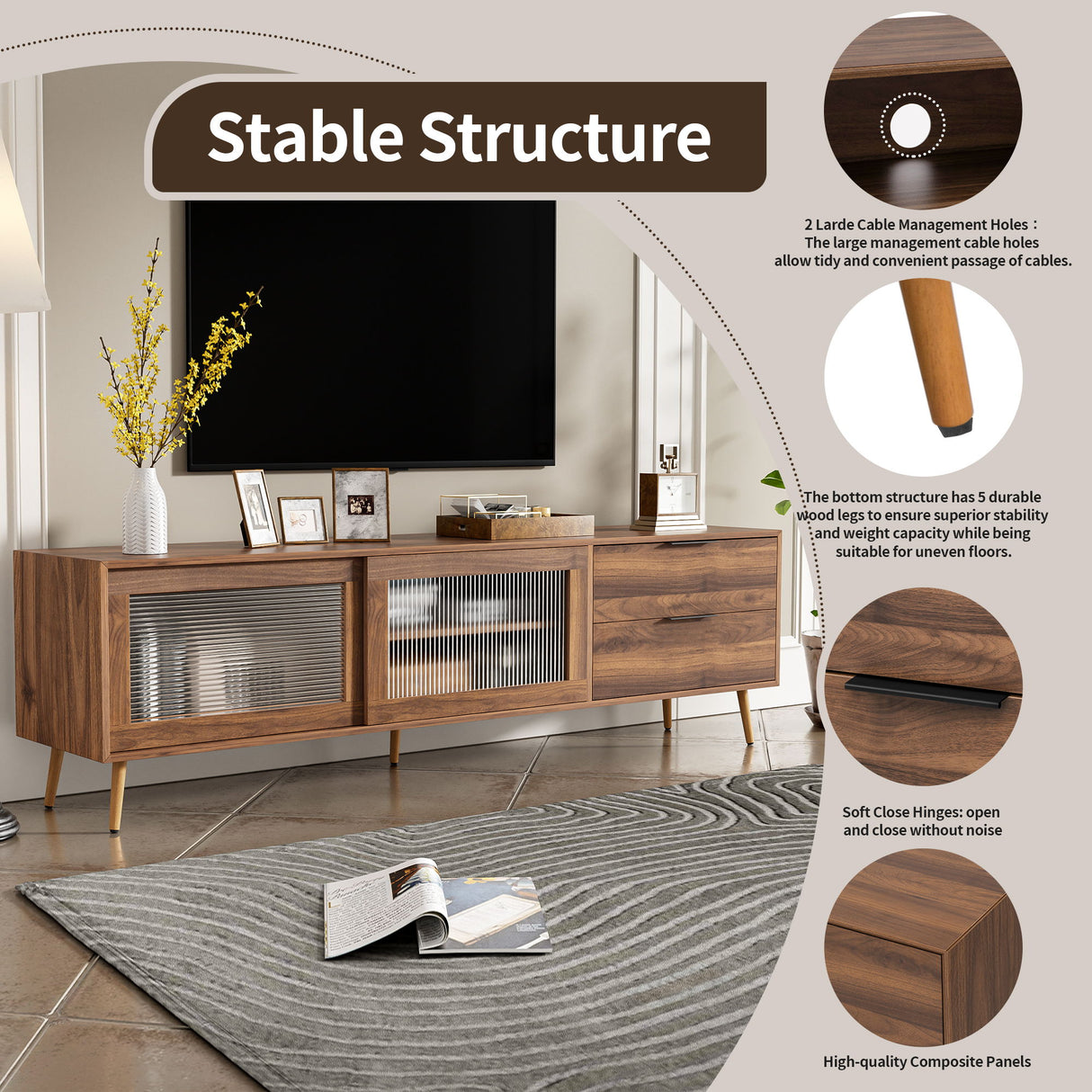 TV Stand, Media Console With 2 Doors, 2 Drawers & Storage Cabinet - Walnut