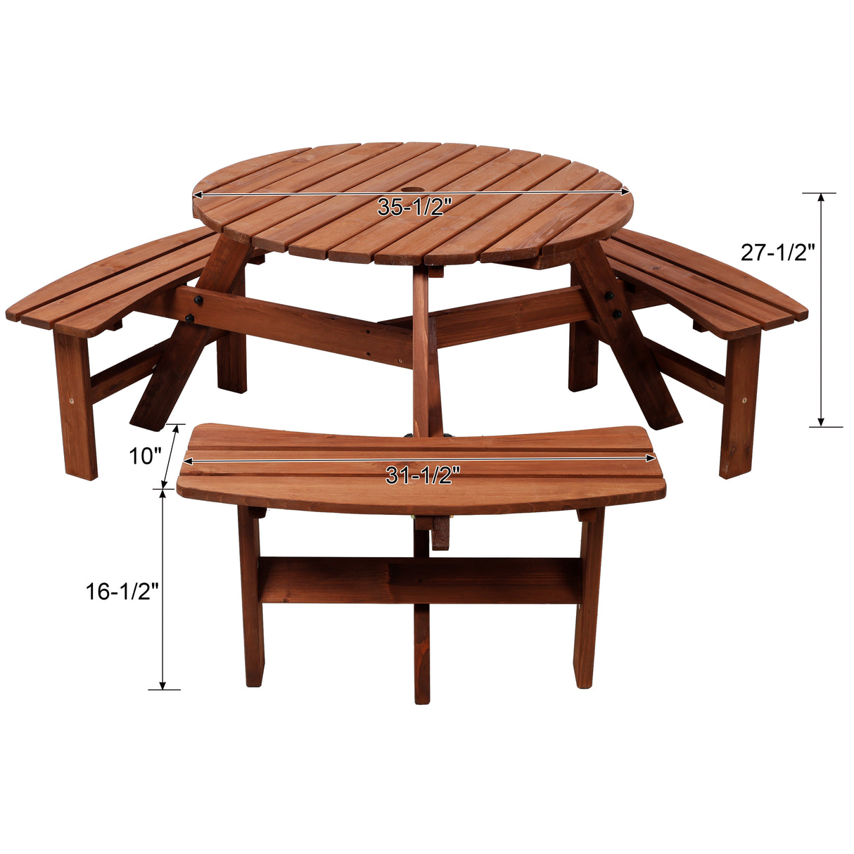 Wooden Kids Picnic Table with 3 Built-in Benches and Umbrella Hole