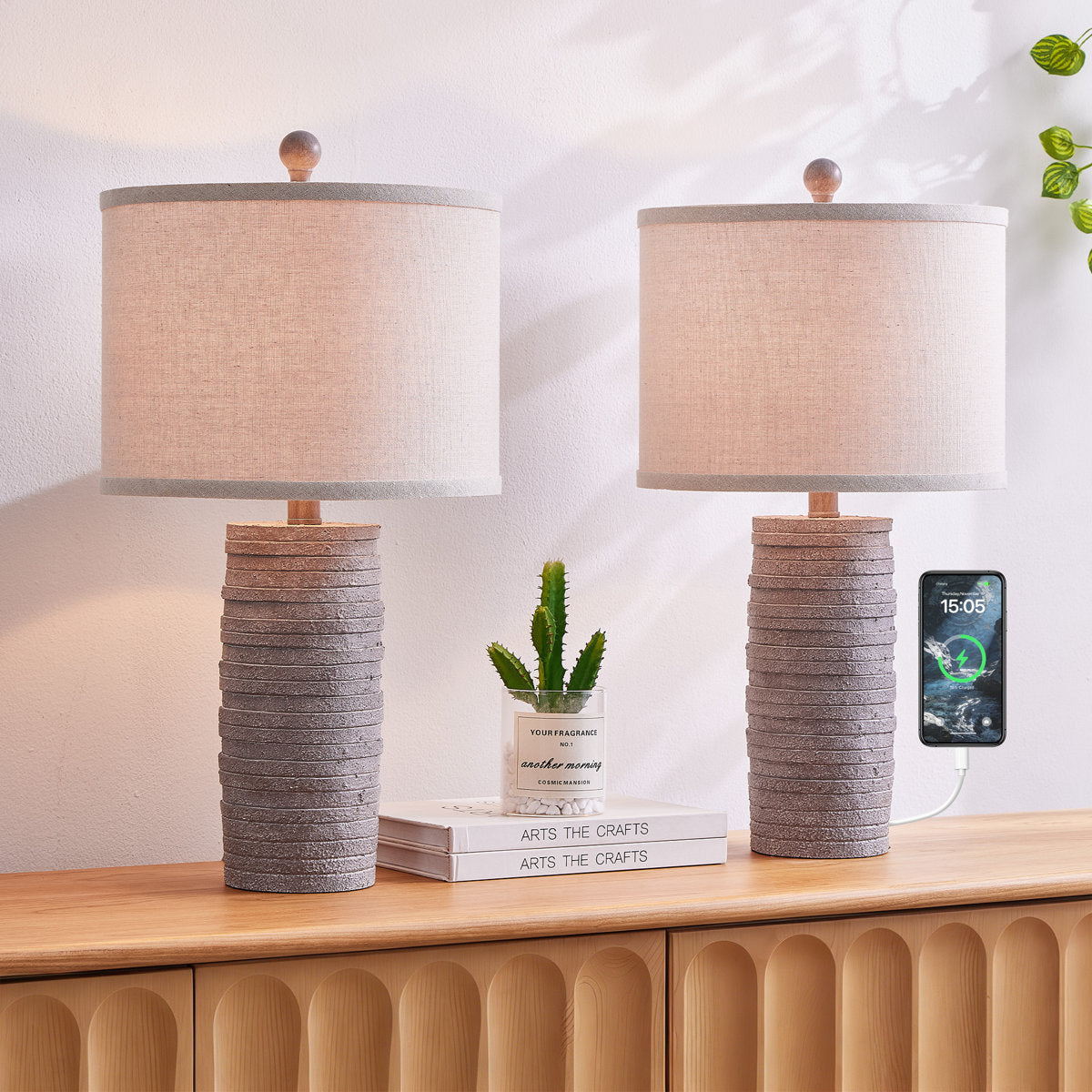 Farmhouse Resin Table Lamp, 22.6-Inch, 3-Way Dimmable with USB Port, Dark Brown, Set of 2