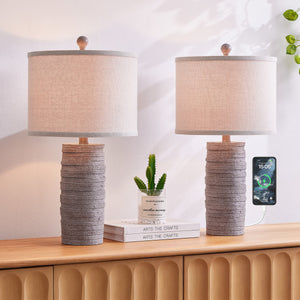 Farmhouse Resin Table Lamp, 22.6-Inch, 3-Way Dimmable with USB Port, Dark Brown, Set of 2