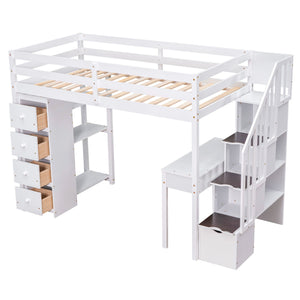 Loft Bed With Storage Drawers, Desk And Stairs With Shelves