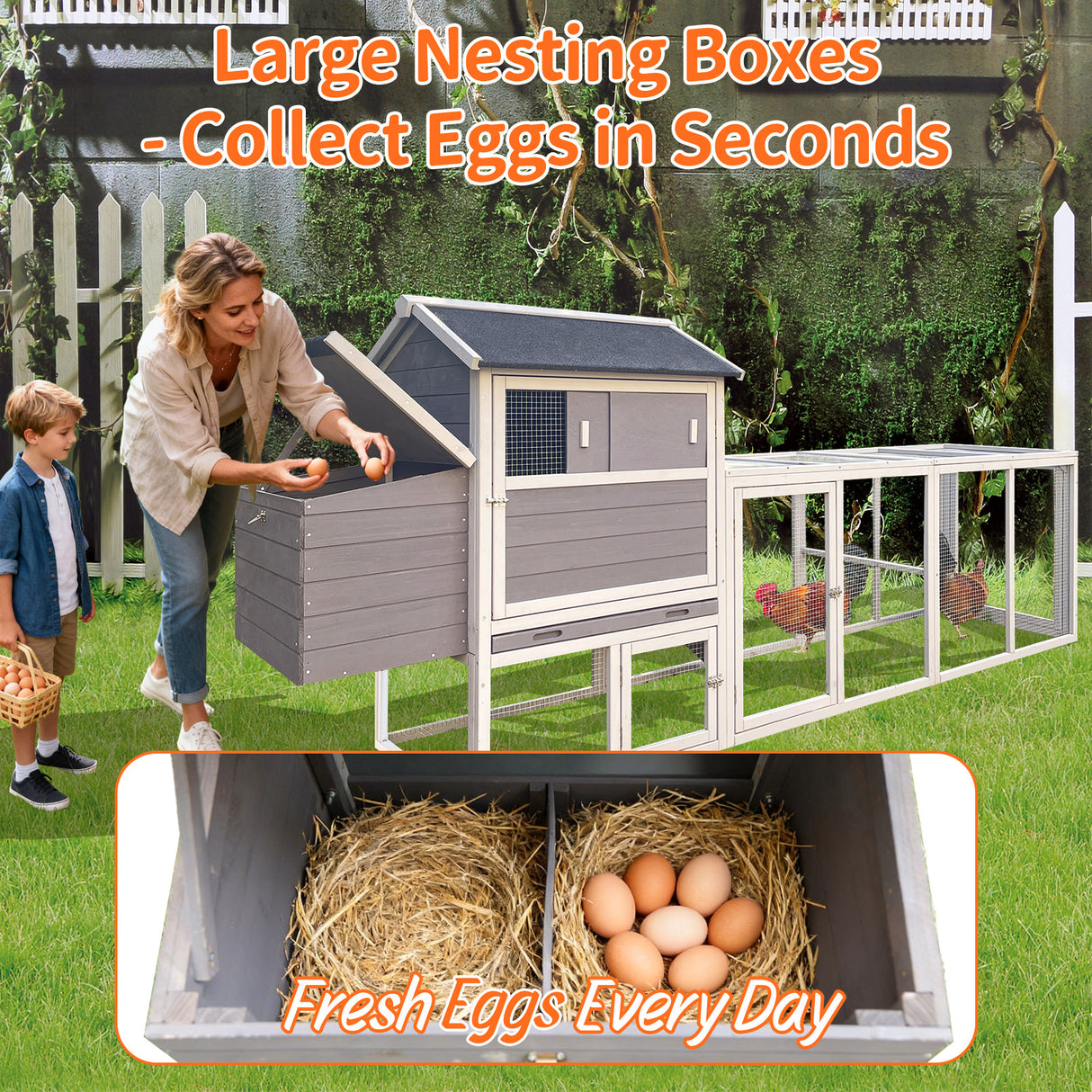 Gray Wooden Chicken Coop with Run and Nesting Box