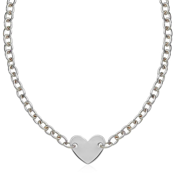 Sterling Silver Rhodium Plated Chain Bracelet with a Flat Heart Motif Station