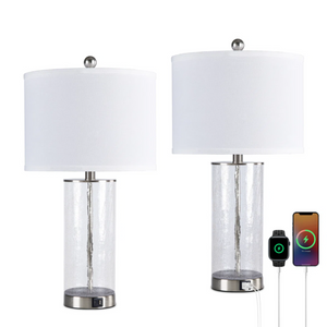 Modern Nickel Glass and Metal Table Lamp Set of 2 with USB, 23.25-Inch