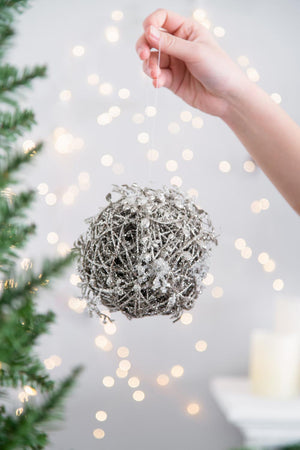 Iced Leaf/Twig Ball Christmas Tree Ornaments - Set of 4