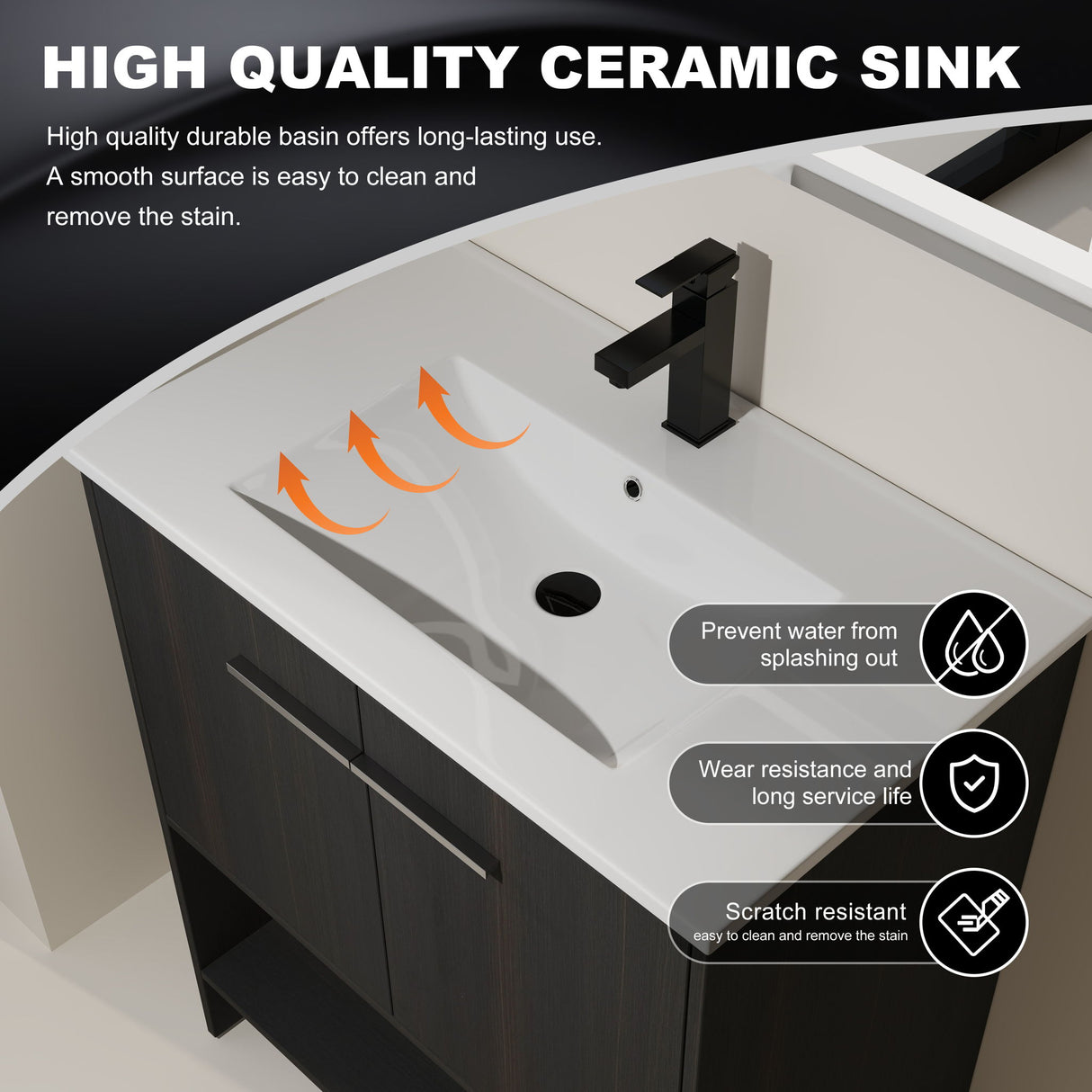 Modern Bathroom Vanity With Ceramic Sink, Freestanding Cabinet, Soft Closing Doors