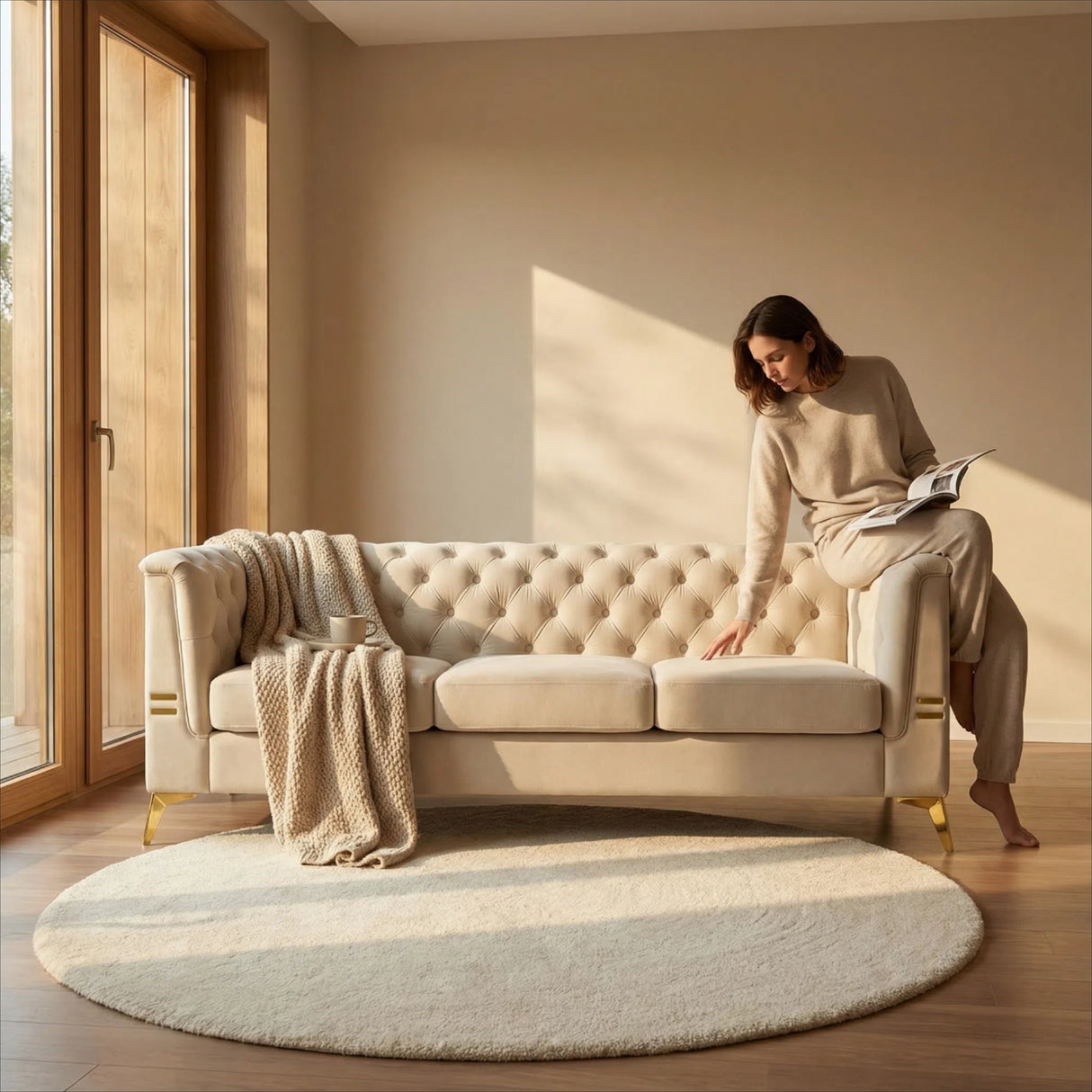 Contemporary Velvet Sofa With 2 Pillows
