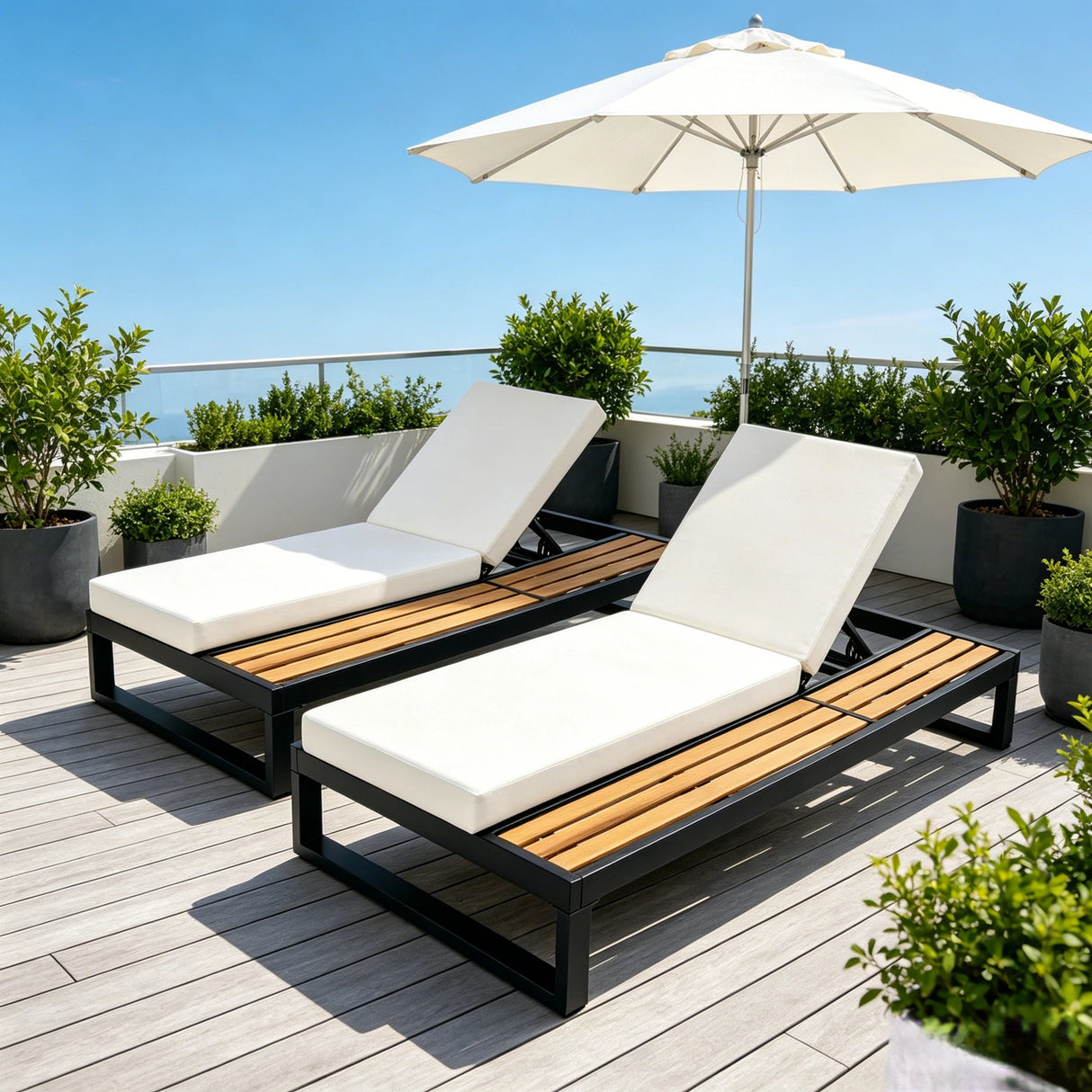 Black Iron & Teak Finish Chaise Lounge Set: 1 Frame + 1 2-Fold
