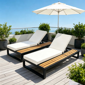 Black Iron & Teak Finish Chaise Lounge Set: 1 Frame + 1 2-Fold