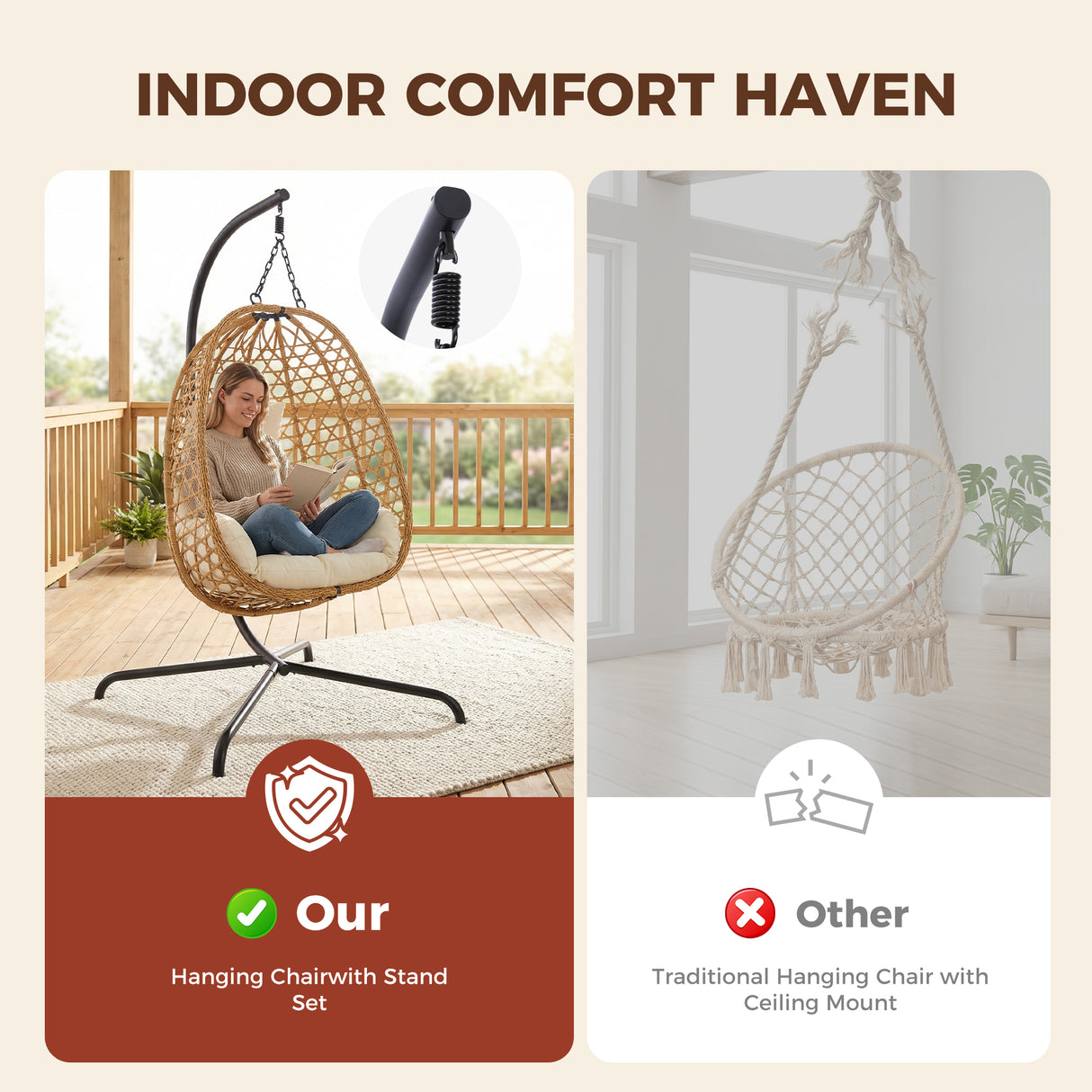 Egg Chair with Stand, Patio Wicker Hanging Chair, Hammock Swing Chair