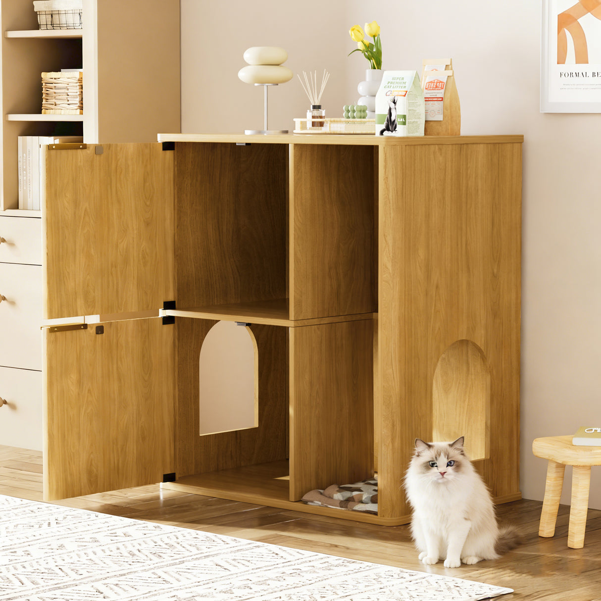31.5-inch Light Wood Cat Litter Cabinet with Cat Tree