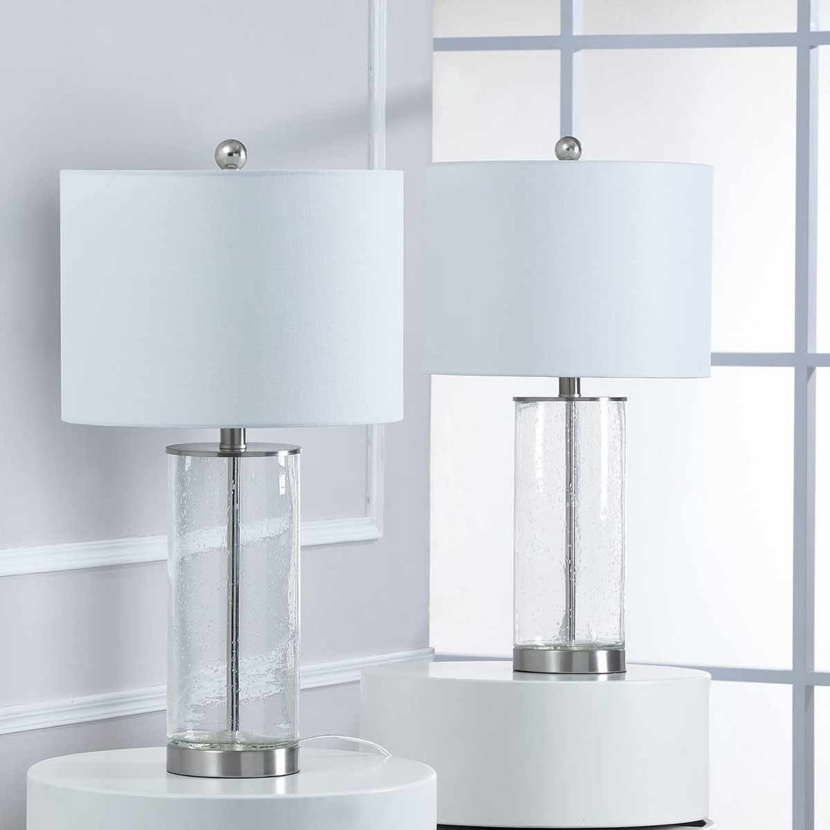 Modern Glass Table Lamps Set of 2, 23.25-Inch Nickel with Clear Bubble Glass, 3-Way Dimmable