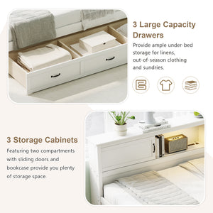 L-Shaped Bed Frame with Drawer and Bookcase