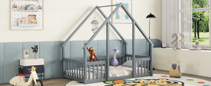 Wood House-Shaped Floor Bed With Fence, Guardrails