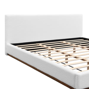 Elegant Boucle Upholstered Bed With Wood Grain Textured Solid Wood Base Frame