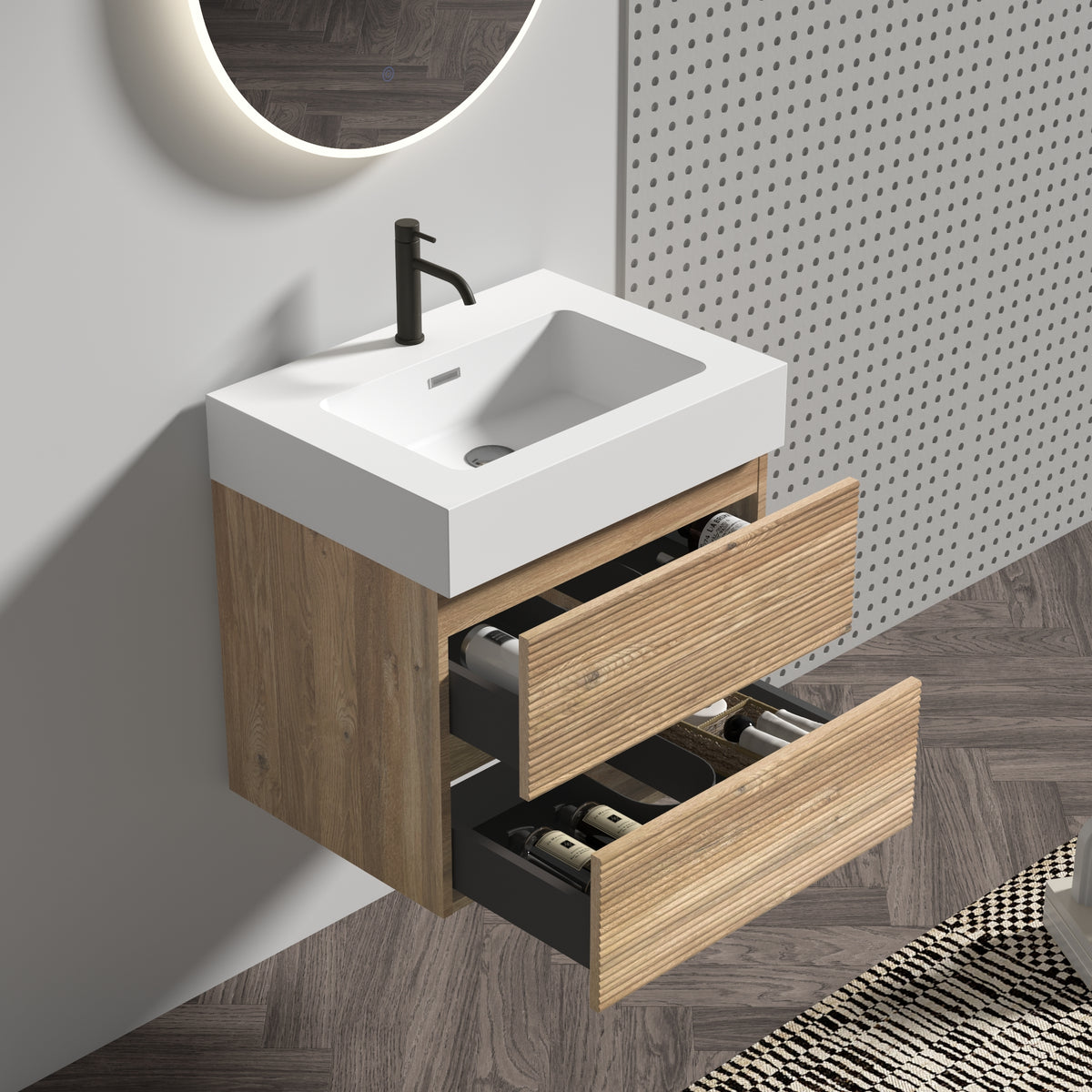 Grace 24-Inch Wall-Mounted Bathroom Vanity, Oak with White Solid Surface Sink