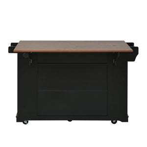 54" Mobile Kitchen Island with Glass Door Storage, Power Outlet & Rolling Cart