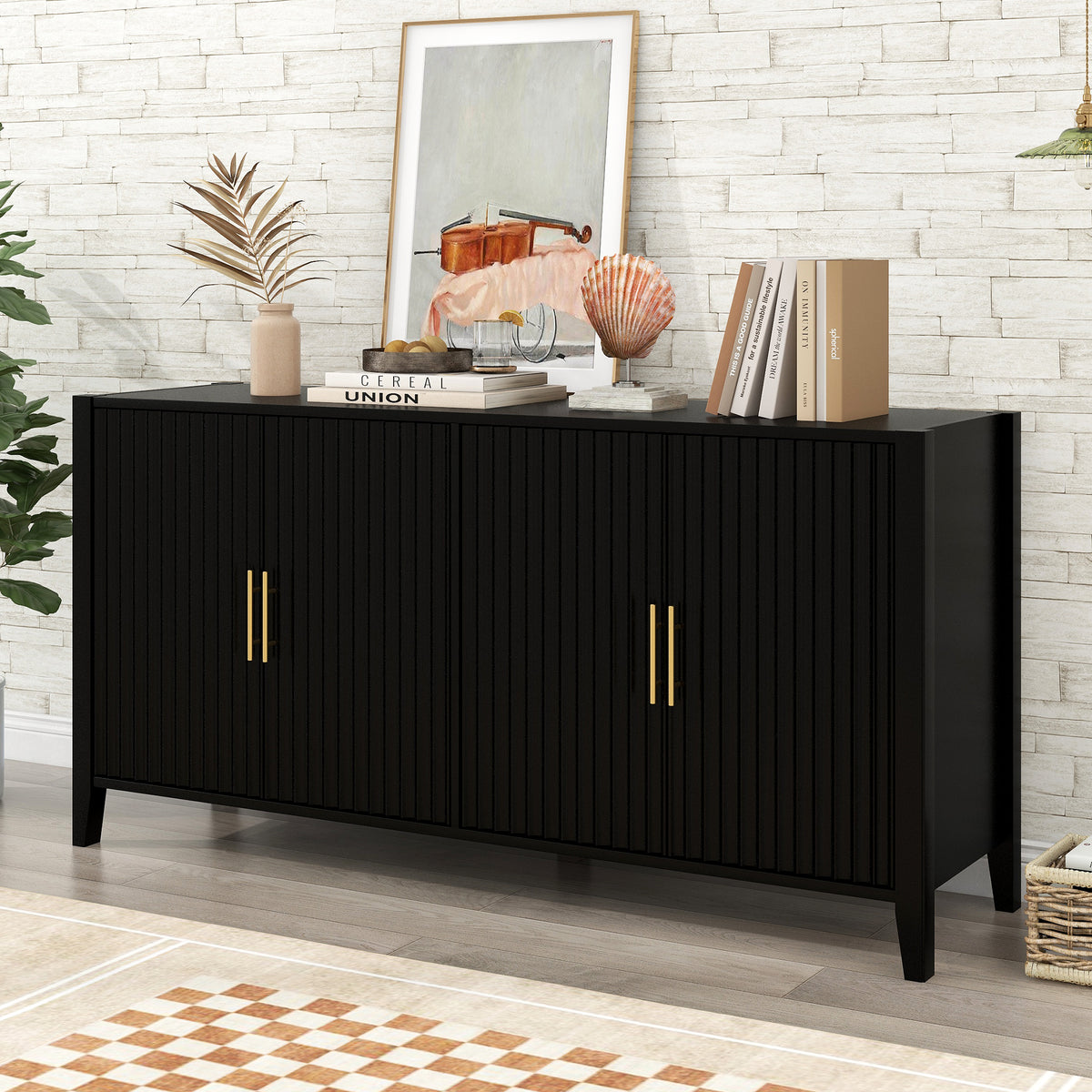 U_Style Modern 4-Vertical Wavy Slatted Doors Sideboard
