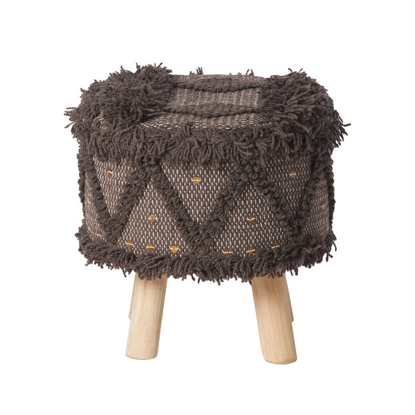 Roja - Handcrafted Wool & Cotton Foot Stool With Eucalyptus Wood Frame - Dark Brown - Best Buy Furniture