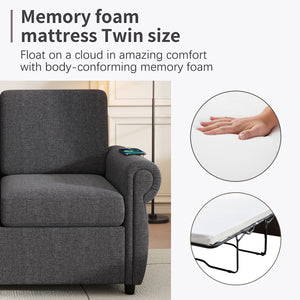 Pull Out Sofa Bed Loveseat Sleeper With Twin Size Memory Mattress With Two USB Ports For Living Room Spaces