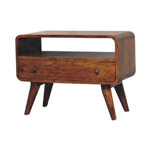 Solid Wood Mini Curved Media Unit, Chestnut, 1-Drawer, 1 Open Slot