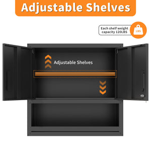 Wall-Mounted Storage Cabinet With Locking Door, 1 Shelf And Open Drawer - Black
