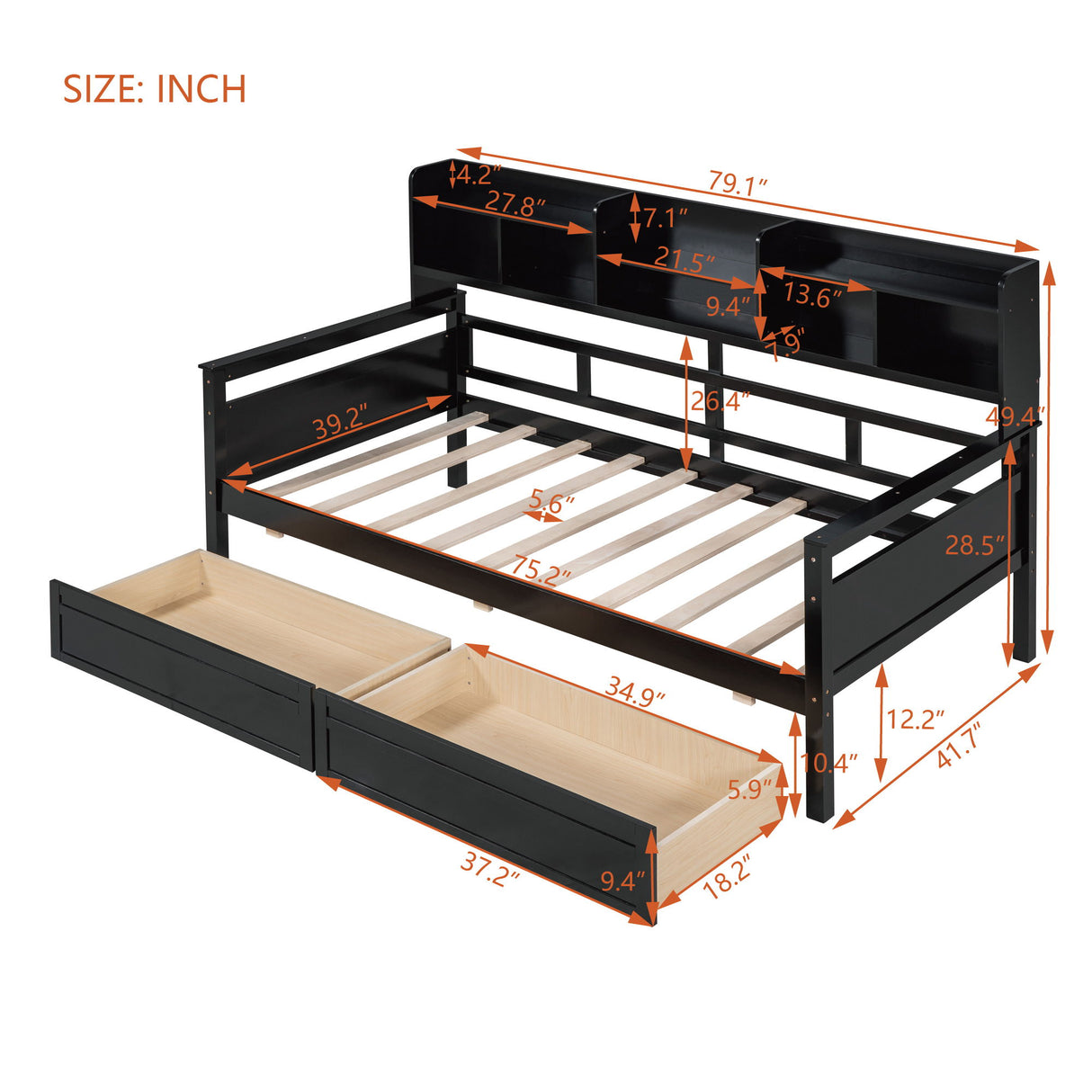 Daybed, Slat Support, With Bedside Shelves And 2 Drawers