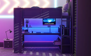 Wood Full Size Gaming Loft Bed with Desk, Multi-storage Shelves, LED and Charging Station