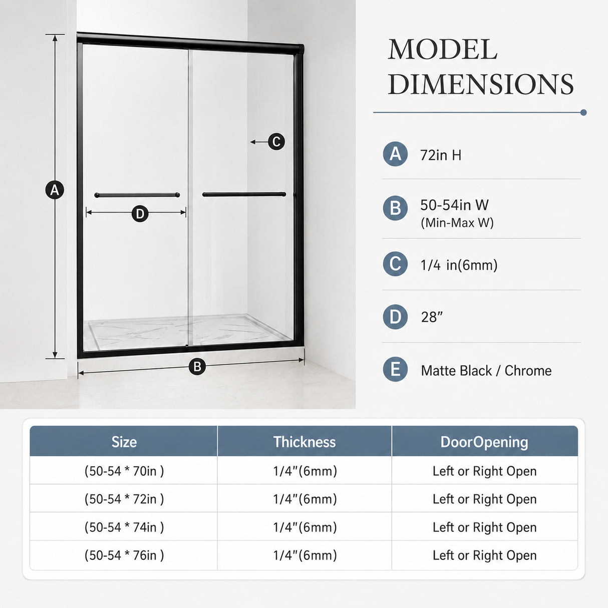 50-54" W x 72" H Framed Double Sliding Shower Door