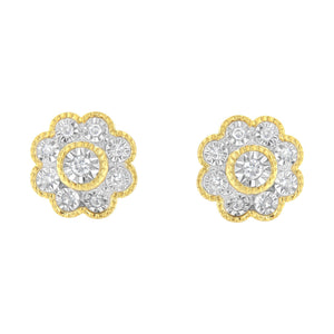 14K Yellow Gold Plated .925 Sterling Silver 1/6 Cttw Miracle-Plate Set Diamond Floral Stud Earrings (I-J Color, I2-I3 Clarity)