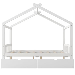House Style Platform Bed With Headboard, Footboard, 2 Drawers, And Roof Design