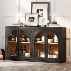 4-Door Large Storage Sideboard Buffet Cabinet with Glass Doors Arched Cabinet (Black)