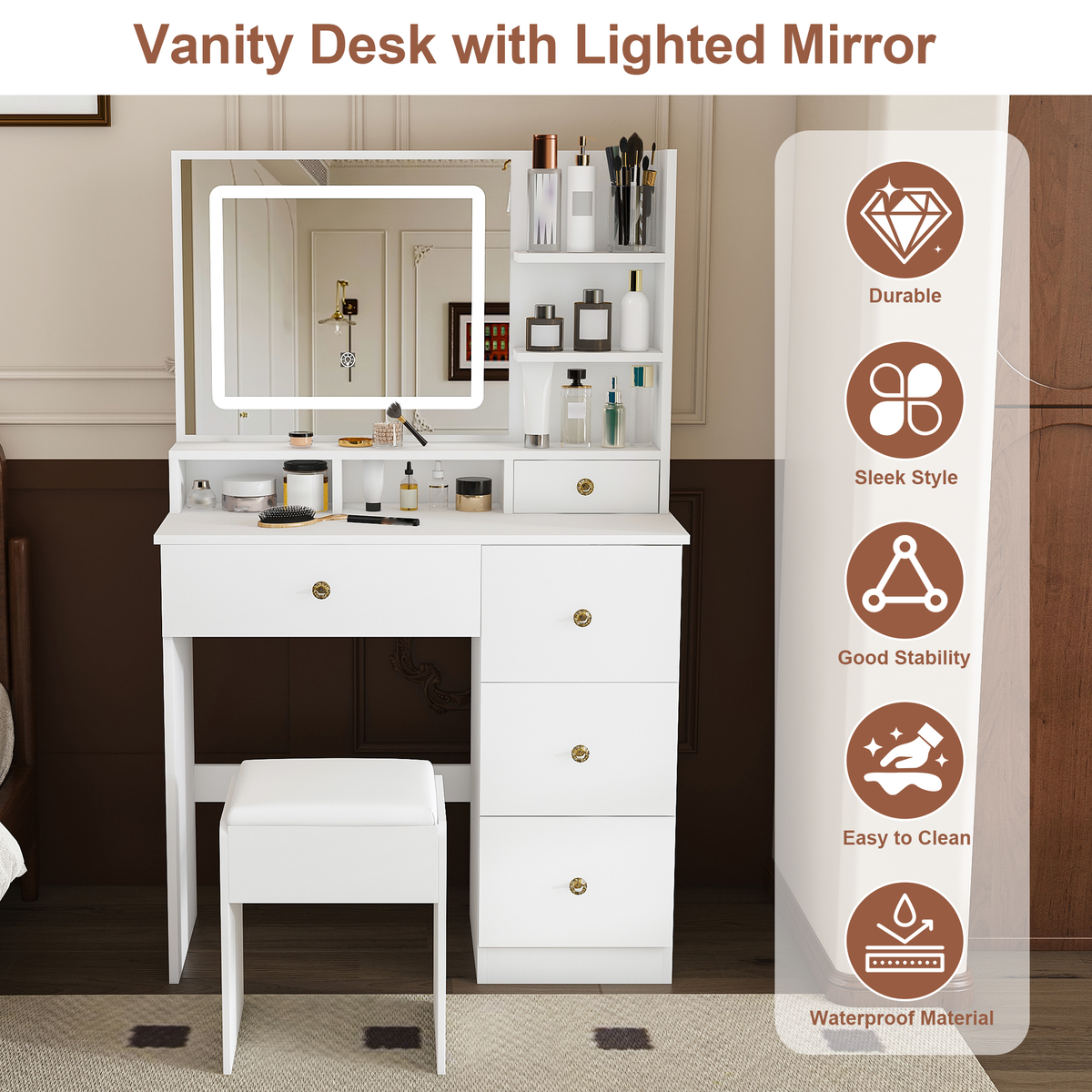 Fashion Vanity Desk with Mirror & 3-Color Dimmable LED Lights