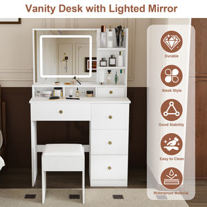 Fashion Vanity Desk with Mirror & 3-Color Dimmable LED Lights