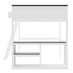 Queen Size Loft Bed With Desk, Open Shelf, Storage Box And USB Charging Station - White