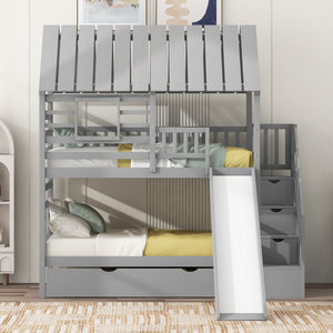 House Bunk Bed With Trundle, Storage Staircase, Roof And Window Design