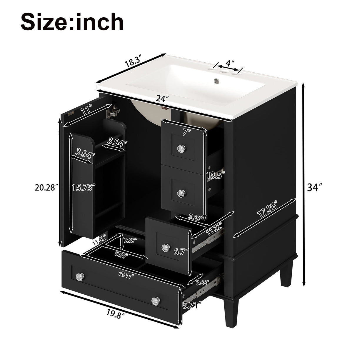 Bathroom Vanity With Integrated Basin, Soft Close Drawers, Door Mounted Double Layer Shelf