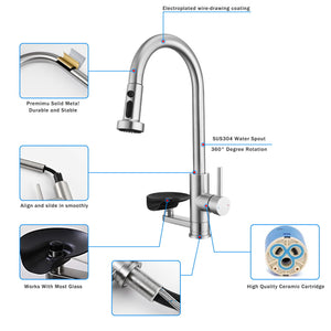 3 In 1 Kitchen Faucet With Press Type Glass Rinser, High Arc Pull Down Sprayer