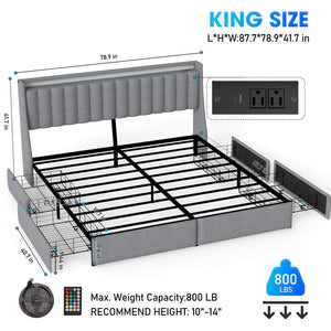 King Upholstered Bed Frame With 4 Storage Drawers, RGB LED Lights & USB / Type-C Charging Station