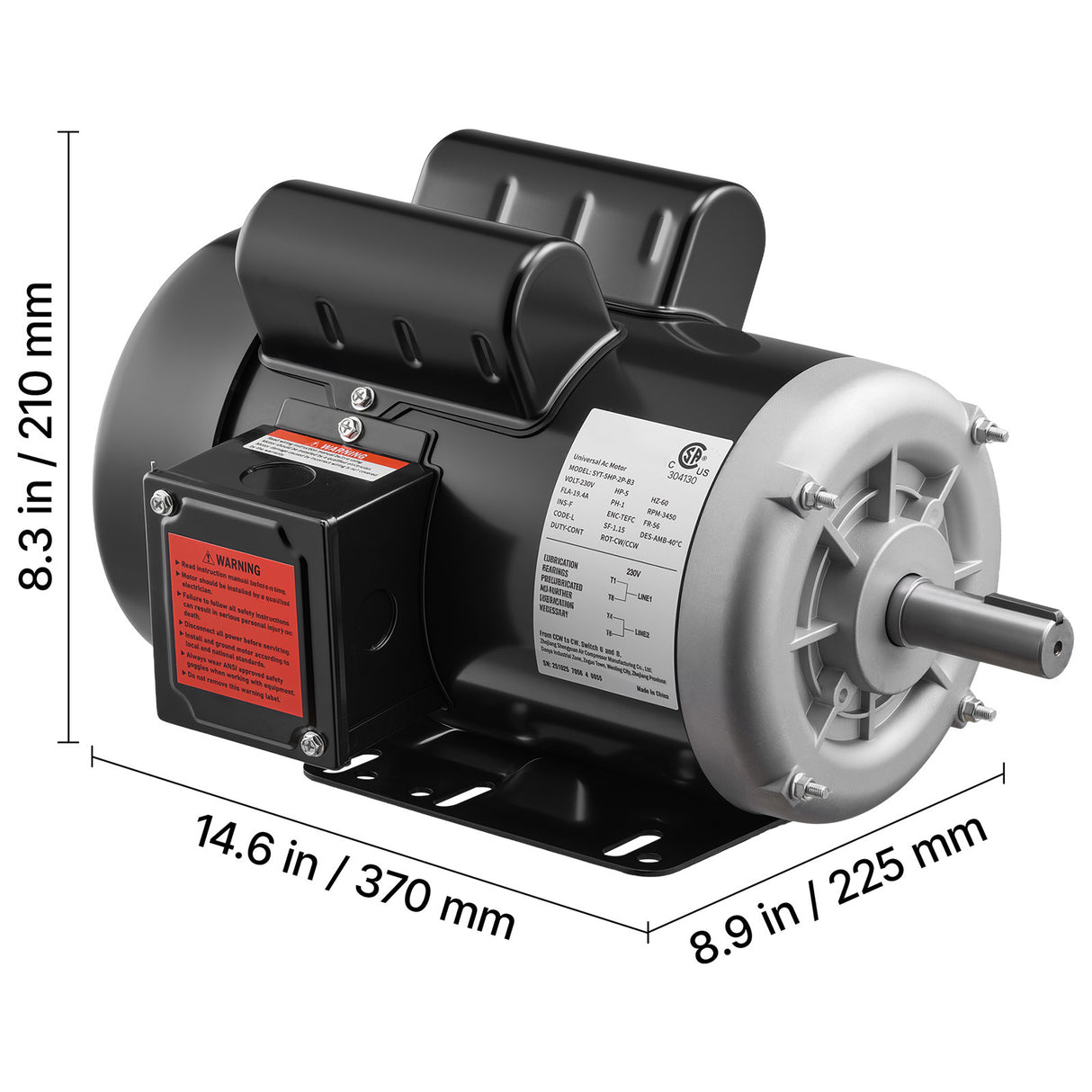 5 HP Electric Motor for Air Compressors, 3450 RPM, Single-Phase 230V
