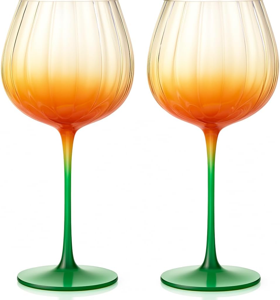 Khen Pumpkin Wine Glasses Fall Inspired Lightweight Borosilicate Decorative Drinkware Stemware - Set of 2 Orange & Green