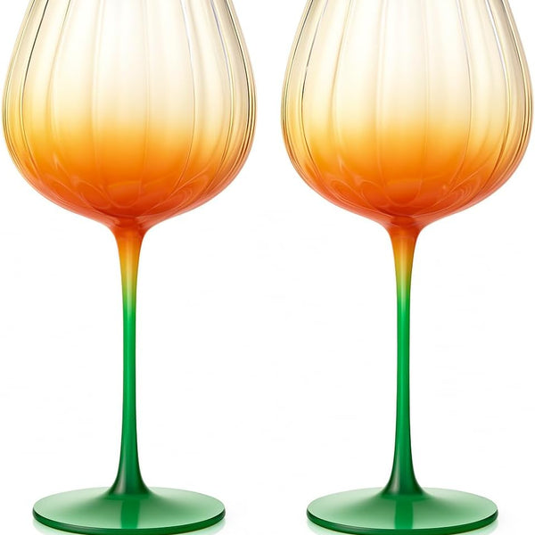 Khen Pumpkin Wine Glasses Fall Inspired Lightweight Borosilicate Decorative Drinkware Stemware - Set of 2 Orange & Green