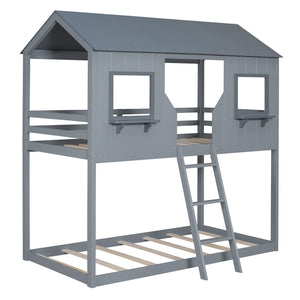 Twin Over Twin Bunk Bed With Roof, Window, Guardrail, Ladder