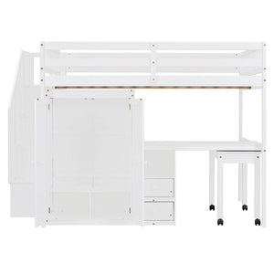 Loft Bed With Stairs, Bookshelf, Drawers, Desk & Wardrobe, Space Saving Multifunctional Furniture