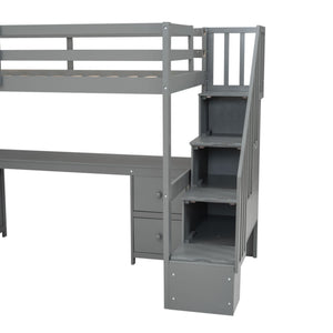 Loft Bed Frame With Built In Desk And Double Storage Drawers