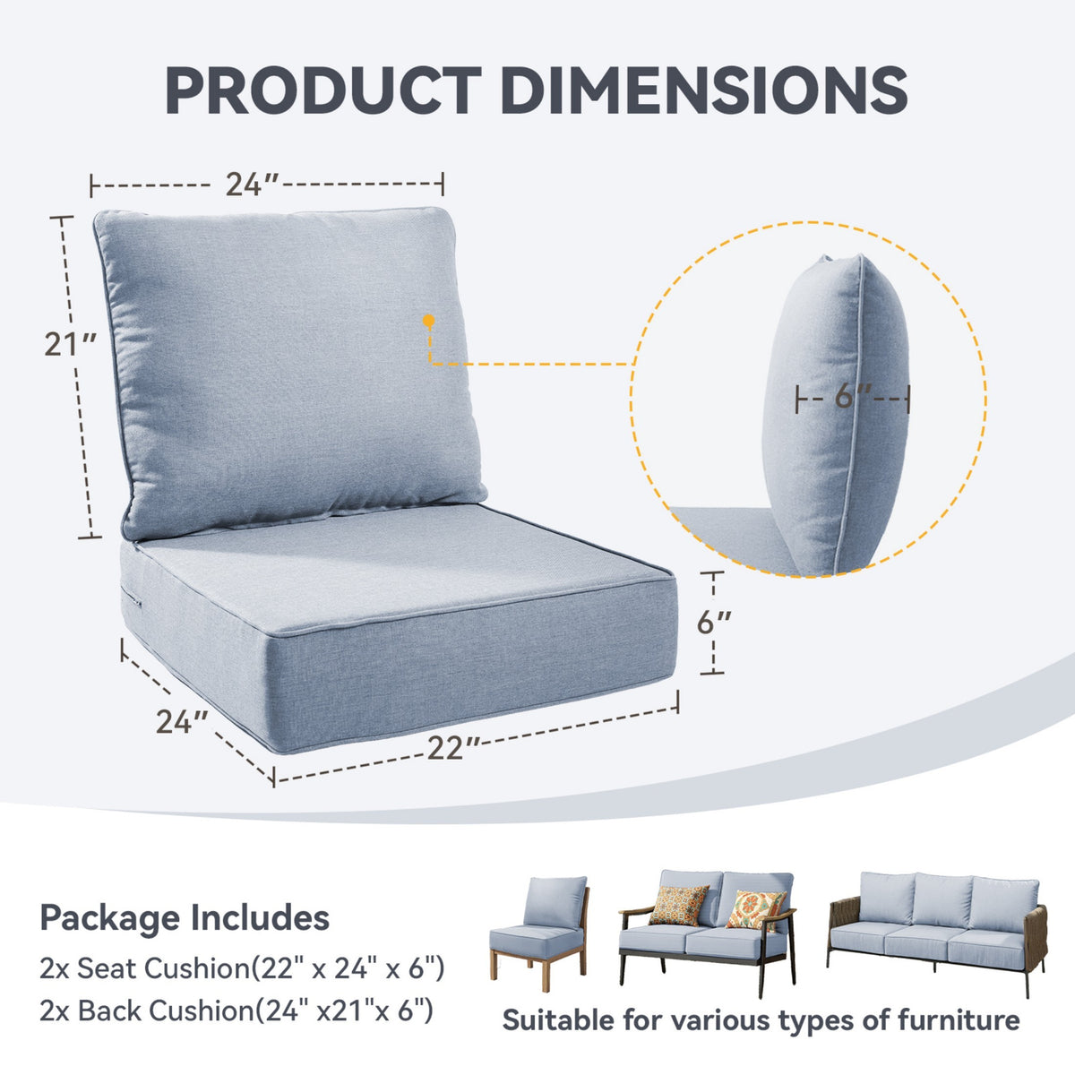 6" Thicker Outdoor Chair Cushions - Set of 2